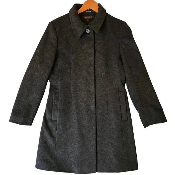 Anne Klein Long Trench Coat Size 8 Charcoal Gray Wool Lined Collared Long Sleeve - Picture 1 of 13